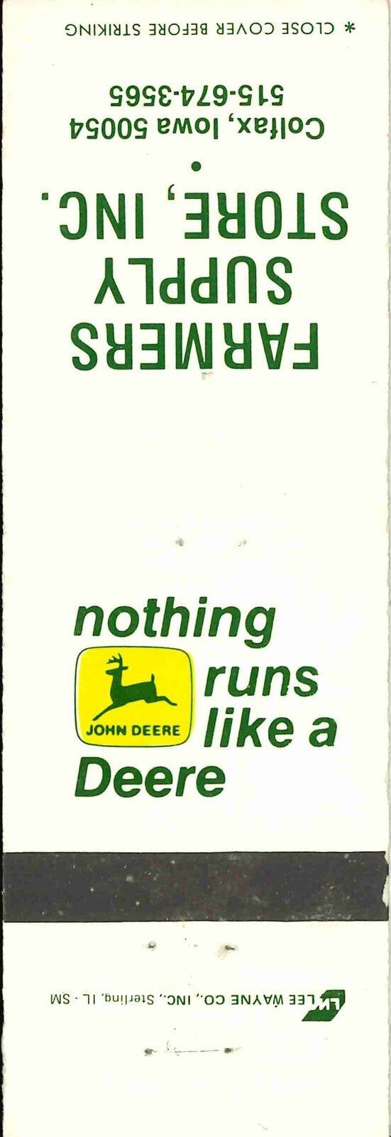 John Deere Matchbook Cover 2 Leg Farmers Supply Store Caolfax IA