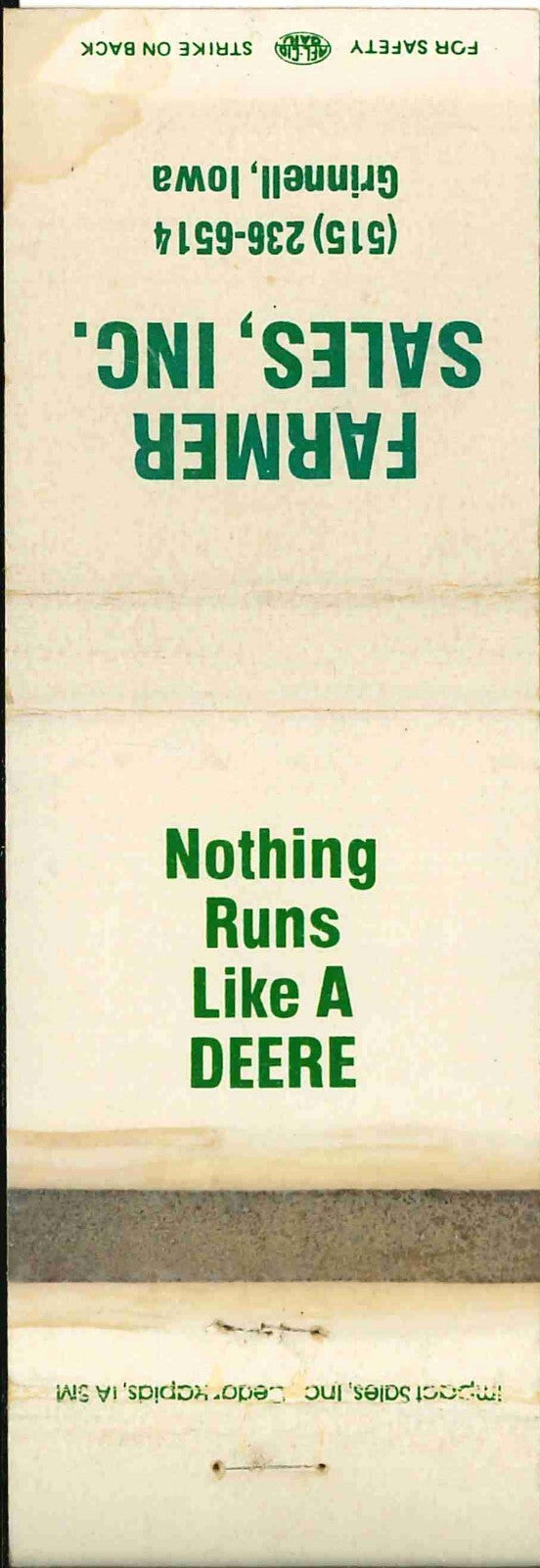 John Deere Matchbook Cover Farmer Sales Inc Grinnell IA