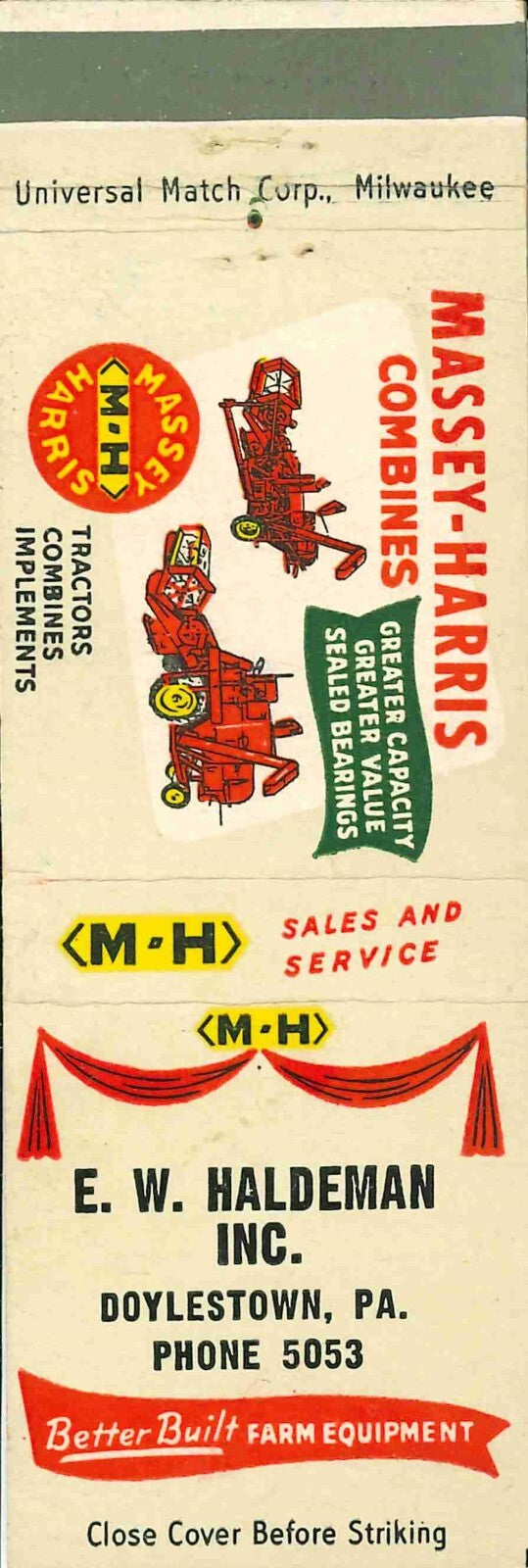 Matchbook Cover Massey Harris Combines E W Haldeman Doylestown Pennsylvania