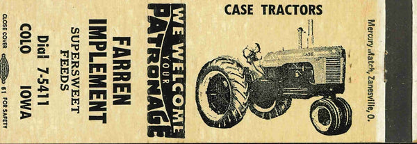 Matchbook Cover J I Case 400 Graphic Farren Implement Colo Iowa