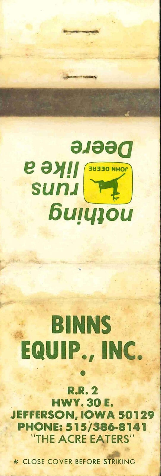 John Deere Matchbook Cover 2 Leg Binns Equip Jefferson IA