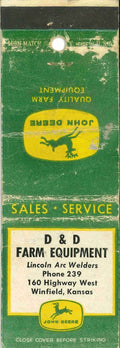 John Deere Matchbook Cover 4 Leg D D Farm Equip Winfield KS