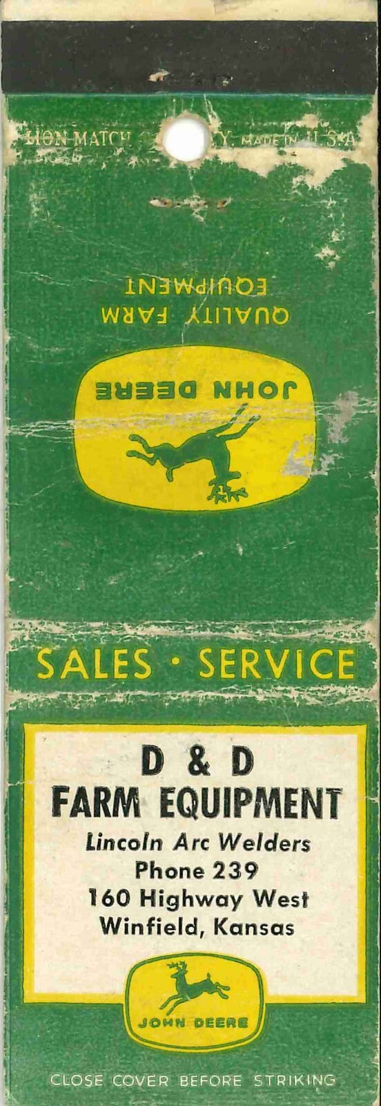 John Deere Matchbook Cover 4 Leg D D Farm Equip Winfield KS