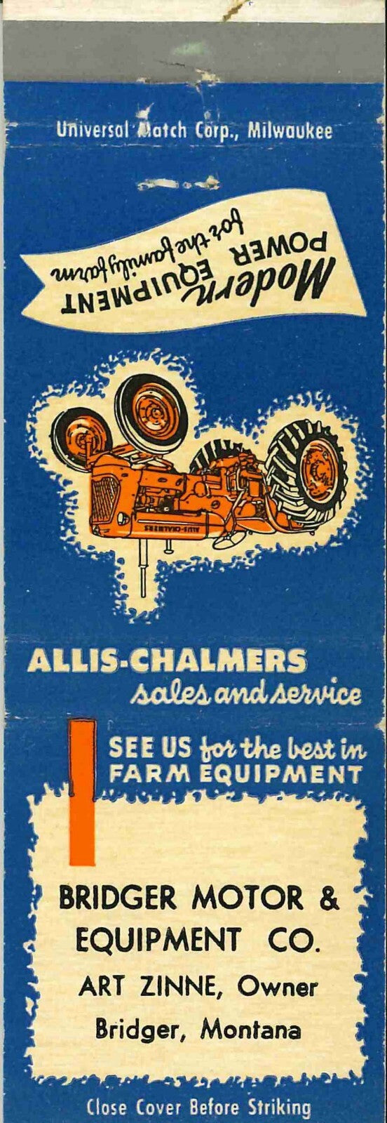 Matchbook Cover Allis Chalmers Rdiger Motor Art Zinne Bridger Montana