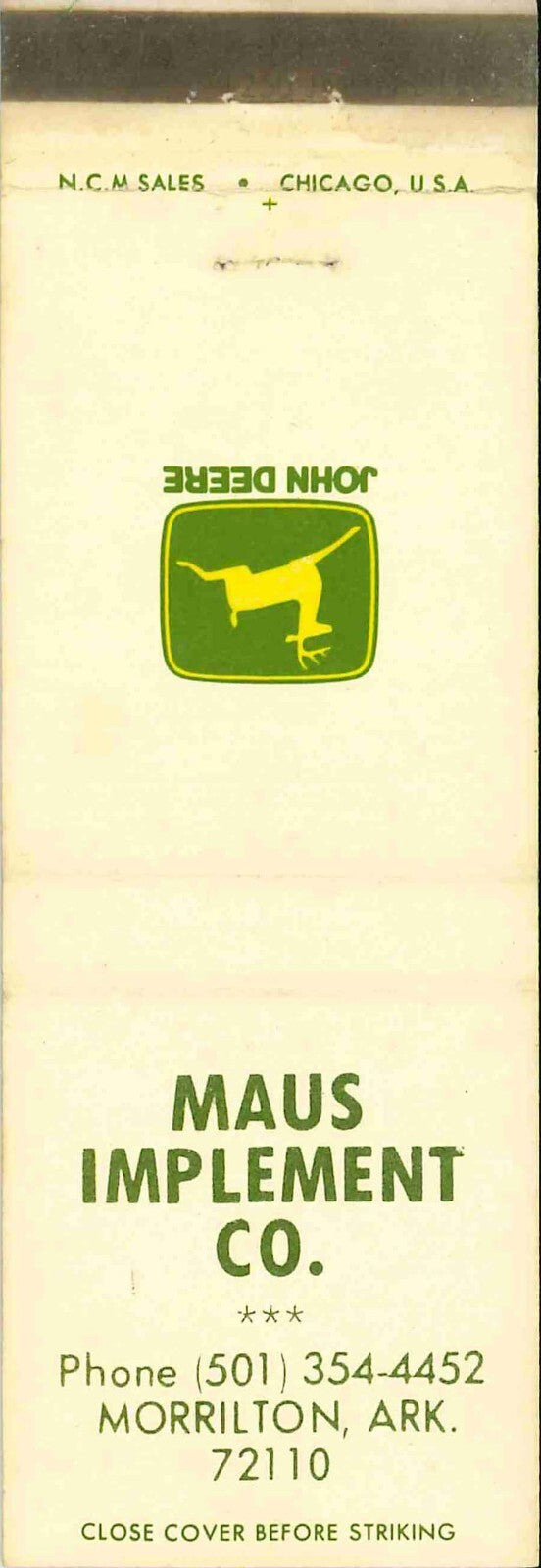 John Deere Matchbook Cover 2 Leg Maus Implement Co Morrilton ARK