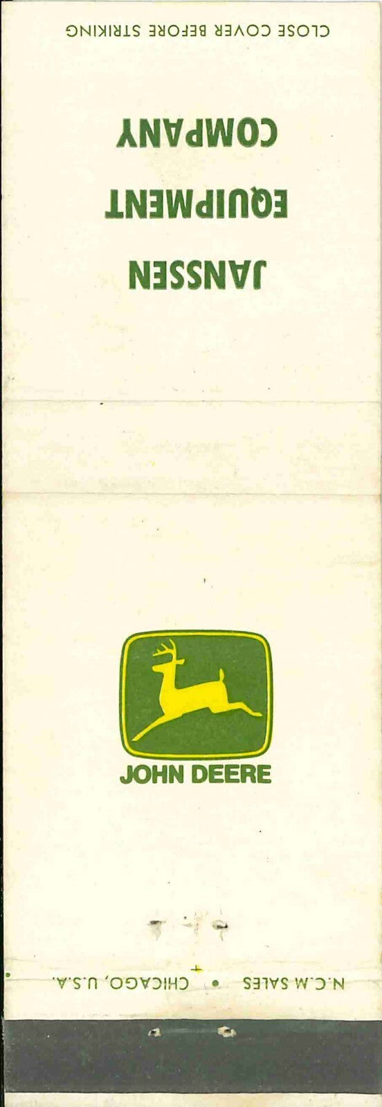 John Deere Matchbook Cover 2 Leg Janssen Equip CO