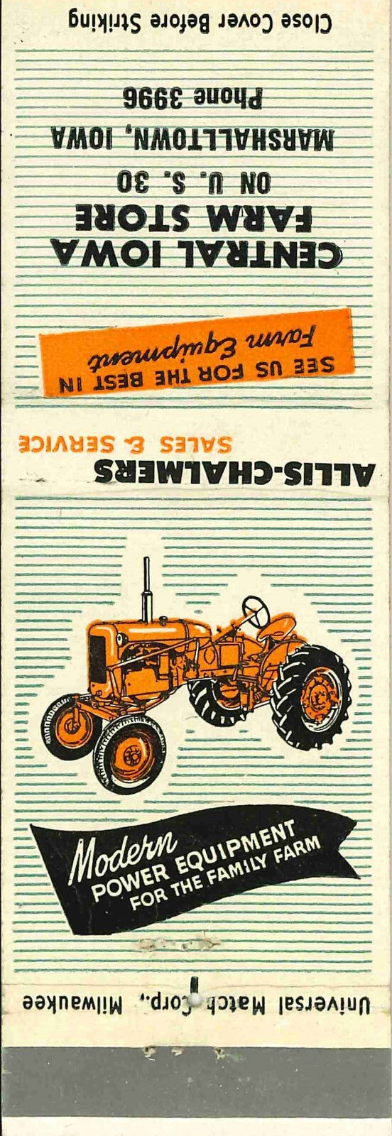 Matchbook Cover Allis Chalmers Central Iowa Farm Store Marshalltown Iowa