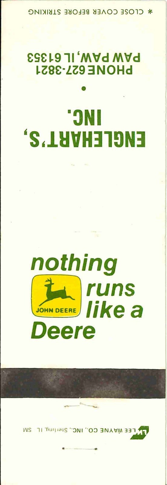 John Deere Matchbook Cover 2 Leg Engleharts Inc Paw Paw IL