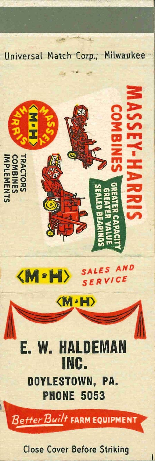Matchbook Cover Massey Harris Combines E W Haldeman Doylestown Pennsylvania