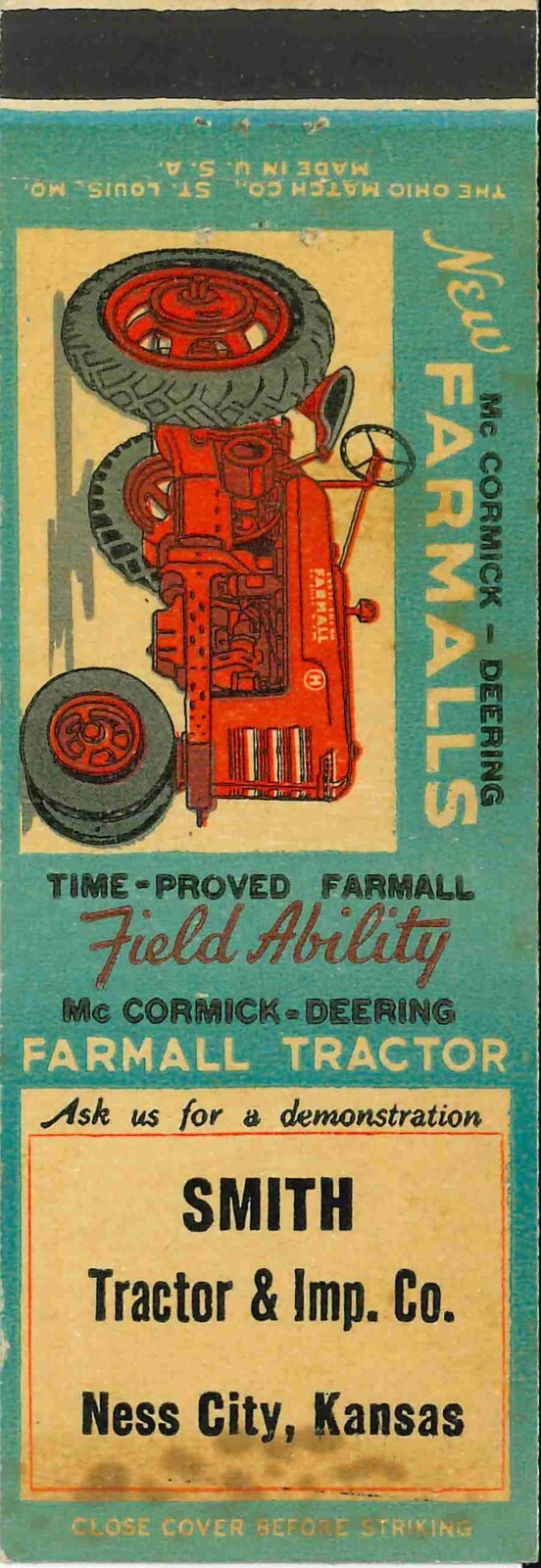 Matchbook Cover Farmall H Smith Tractor Imp Ness City Kansas