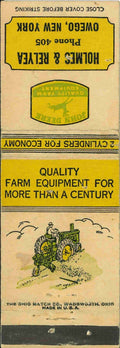 John Deere Matchbook Cover A w/ Mower Holmes Relyea Owego NY