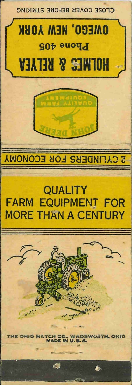 John Deere Matchbook Cover A w/ Mower Holmes Relyea Owego NY