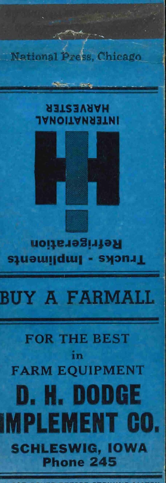 Matchbook Cover International Harvester D H Dodge Imp Co Schleswig Iowa