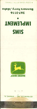 John Deere Matchbook Cover 2 Leg Sims Implement Bonners Ferry Idaho