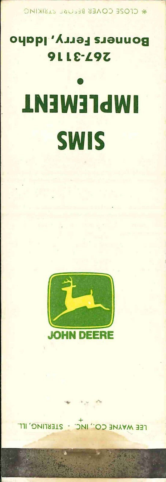 John Deere Matchbook Cover 2 Leg Sims Implement Bonners Ferry Idaho