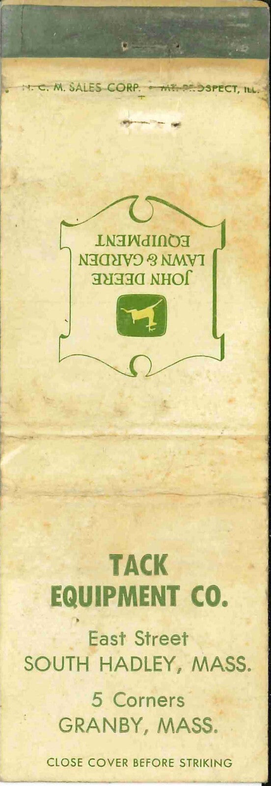 John Deere Matchbook Cover 2 Leg Lawn & Garden Tack Equipment Granby MASS