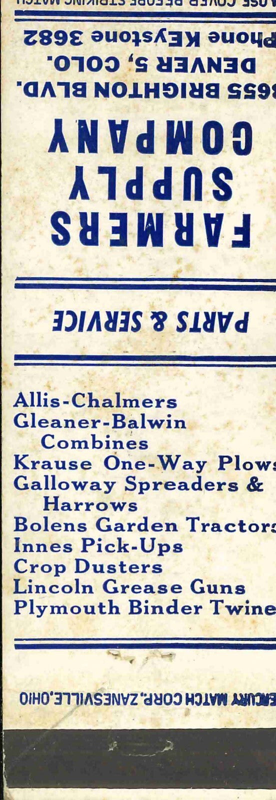 Matchbook Cover Allis Chalmers Gleaner Krause  Farmers Supply Co Denver Colorado