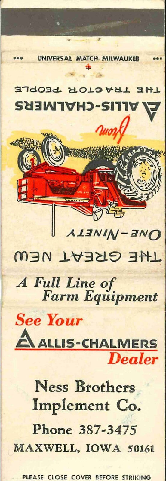 Matchbook Cover Allis Chalmers 190 Ness Bros Imp Maxwell Iowa