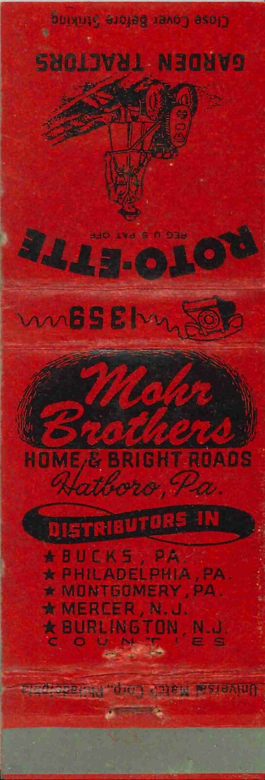 Matchbook Cover Roto Ette Garden Tractors Mohr Brothers Hatboro PA
