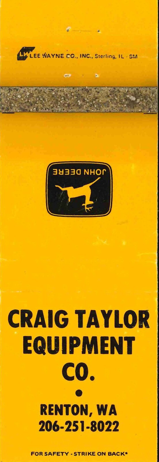 John Deere Matchbook Cover Craig Taylor Equip Co Renton WA