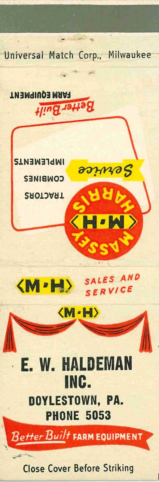Matchbook Cover Massey Harris E W Haldeman Doylestown Pennsylvania