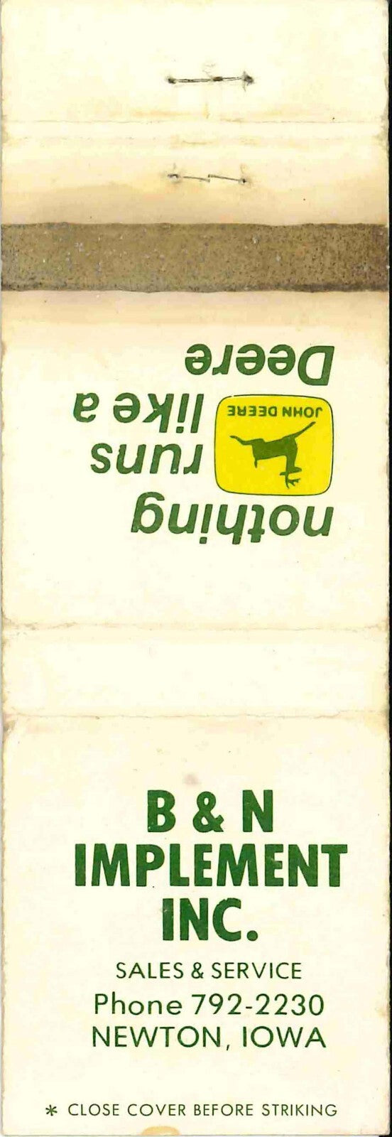 John Deere Matchbook Cover 2 Leg B N Imp Newton IA