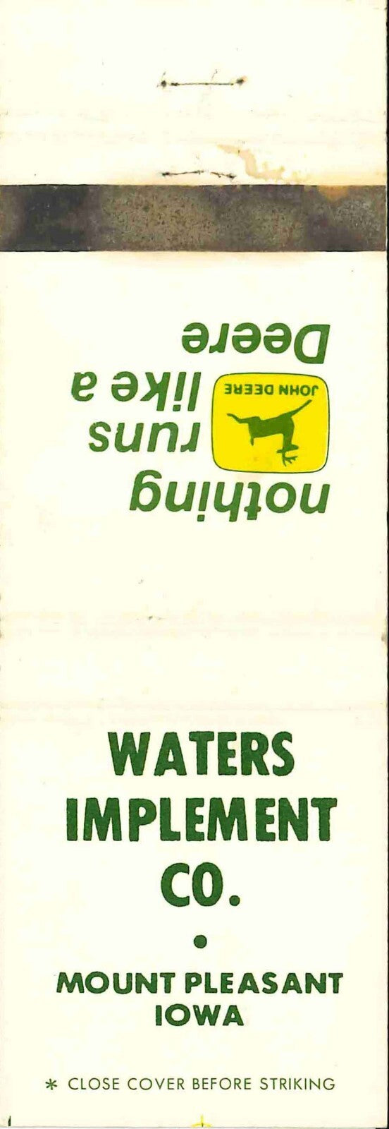 John Deere Matchbook Cover 2 Leg Waters Imp Co Mount Pleasant IA
