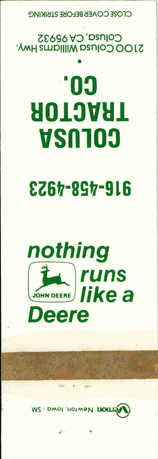 John Deere Matchbook Cover Colusa Tractor Co Colusa CA