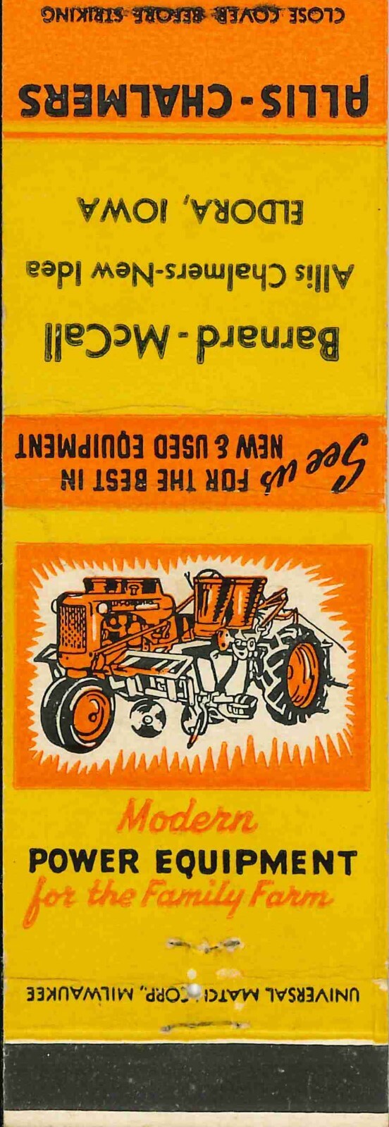 Matchbook Cover Allis Chalmers C Tractor Barnard McCall Eldora Iowa