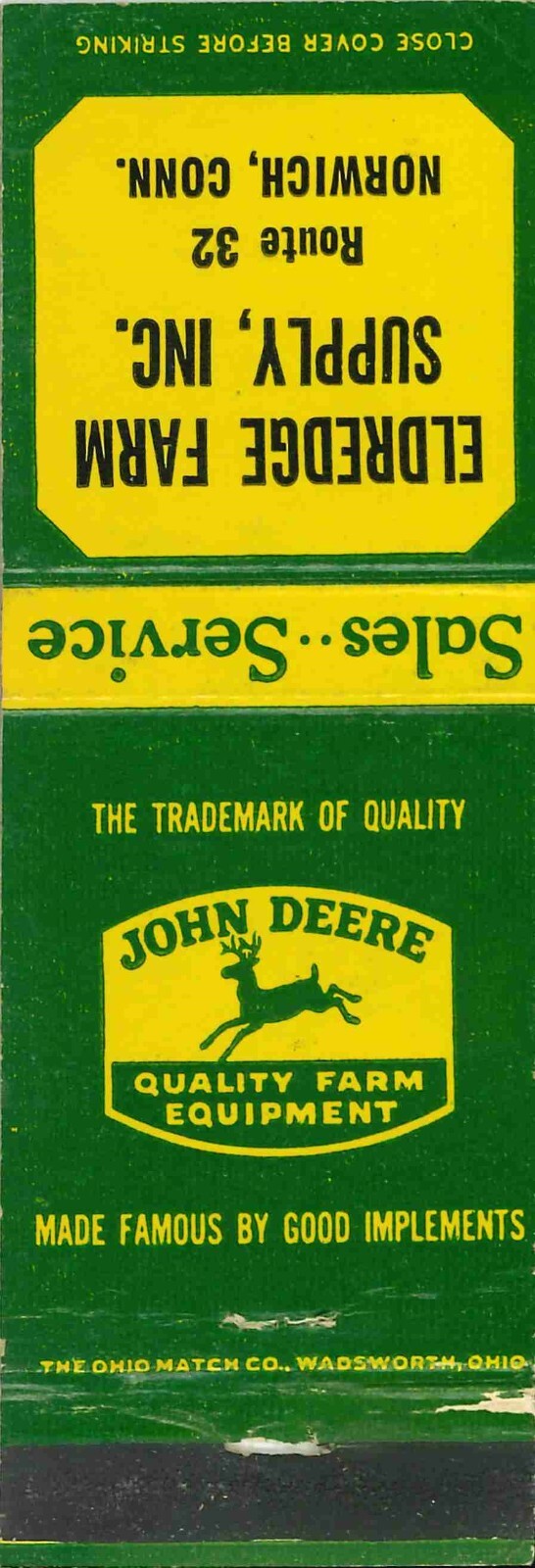 John Deere Matchbook Cover QFE Eldredge Farm Supply Inc Norwich Connecticut