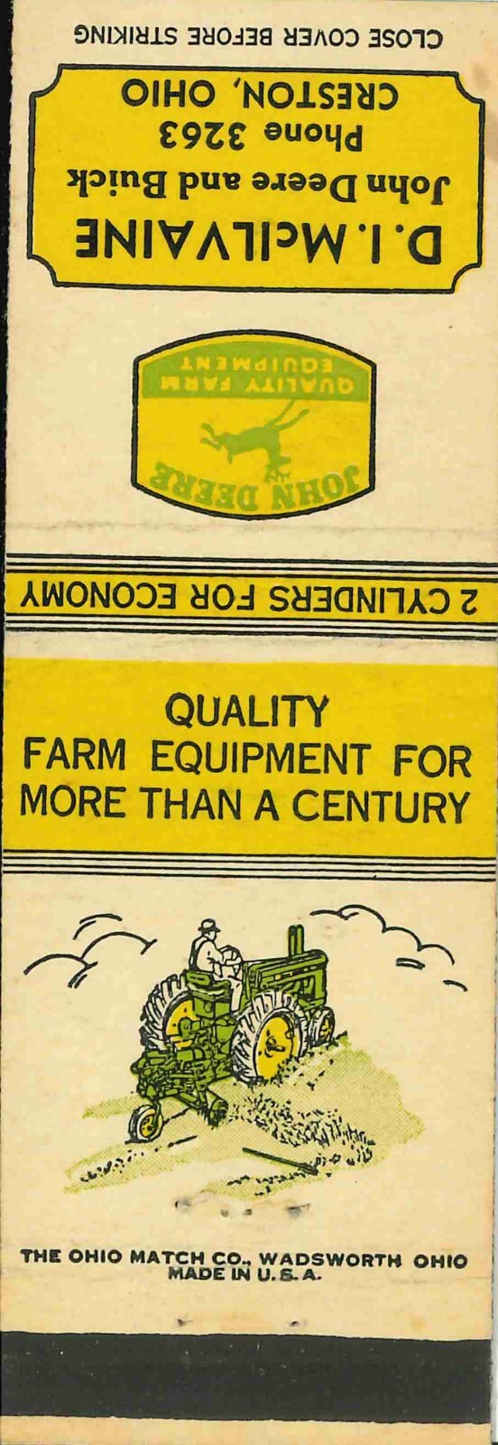 John Deere Matchbook Cover A w/ Mower D I McIlvaine Creston OH