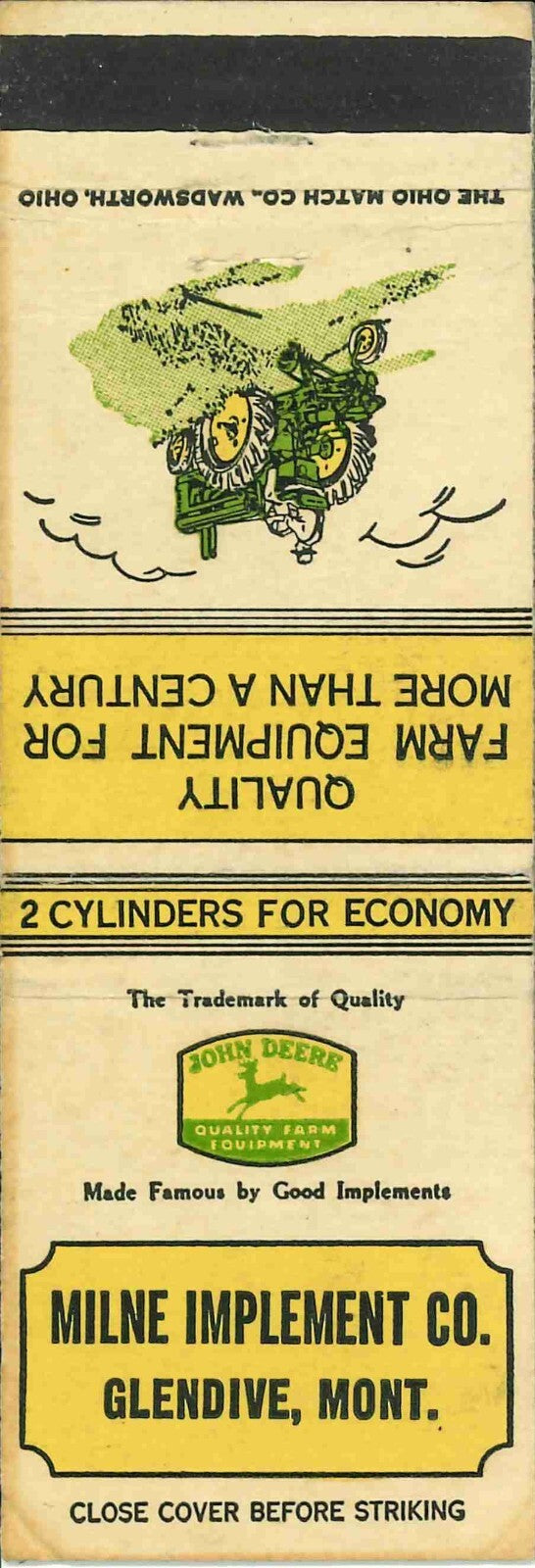 John Deere Matchbook Cover A w/ Mower Milne Imp CO Glendive Montana