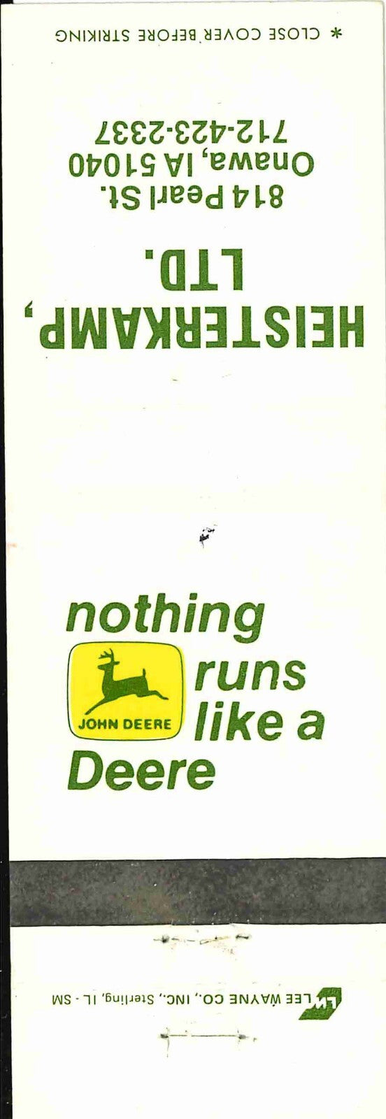 John Deere Matchbook Cover 2 Leg Heisterkamp Ltd Onawa IA