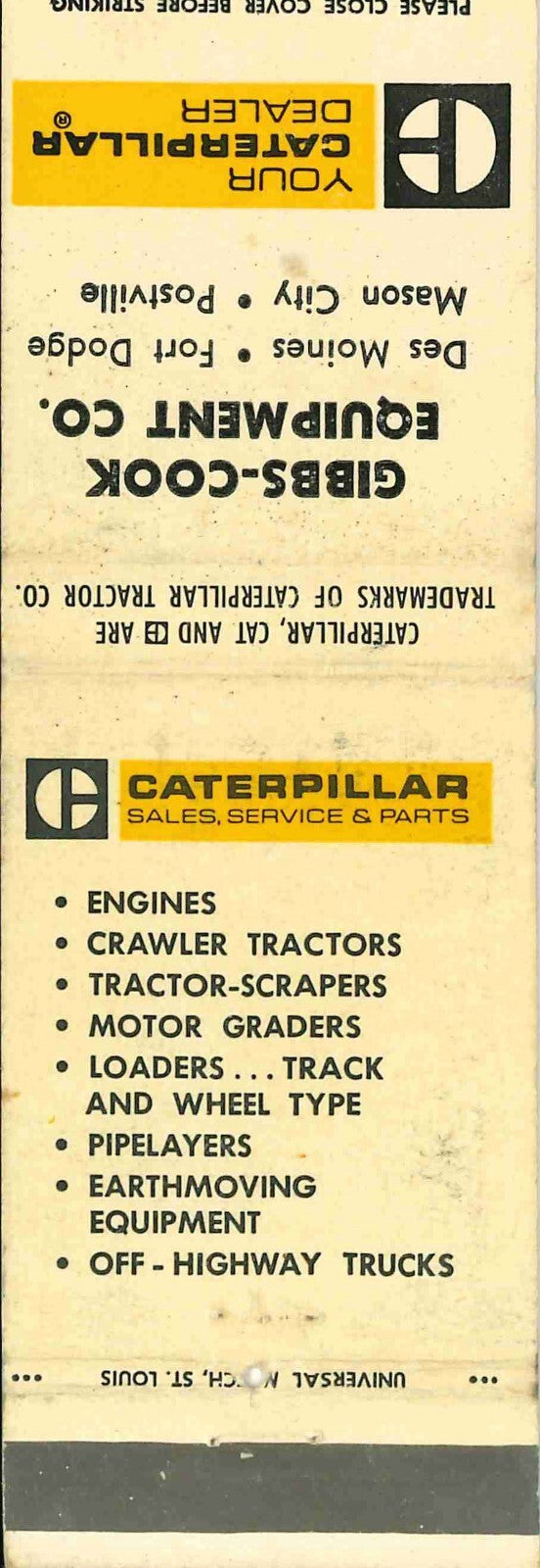 Matchbook Cover Caterpillar Gibbs Cook Iowa