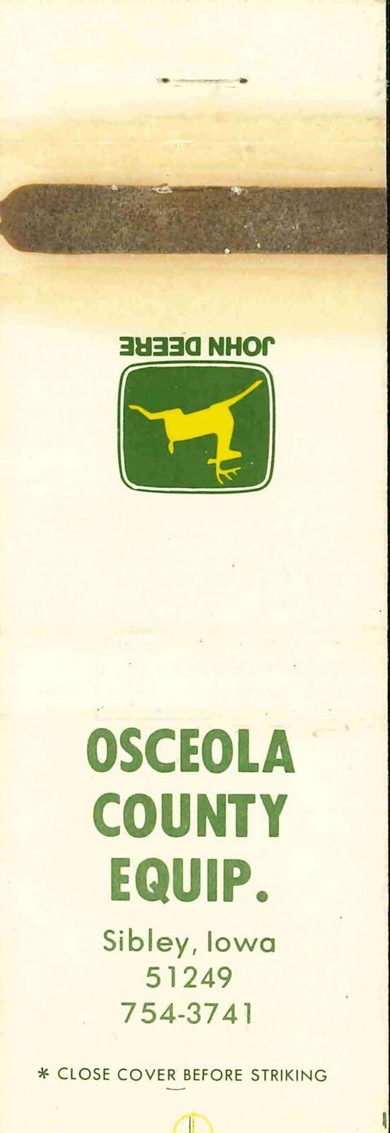 John Deere Matchbook Cover Osceola County Equip Shibley IA