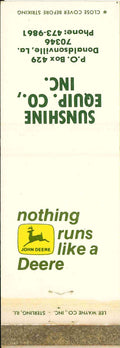 John Deere Matchbook Cover 2 Leg Sunshine Equip Co Donaldsonville LA