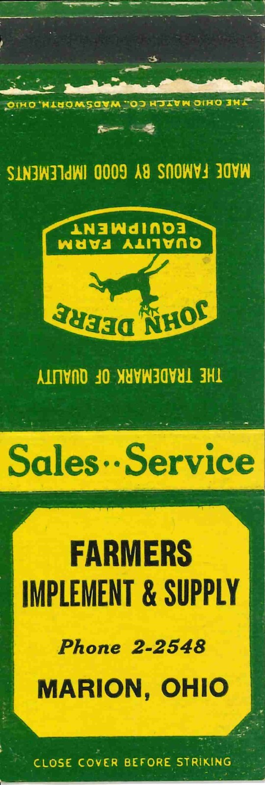 John Deere Matchbook Cover QFE Farmers Implement & Supply Marion Ohio