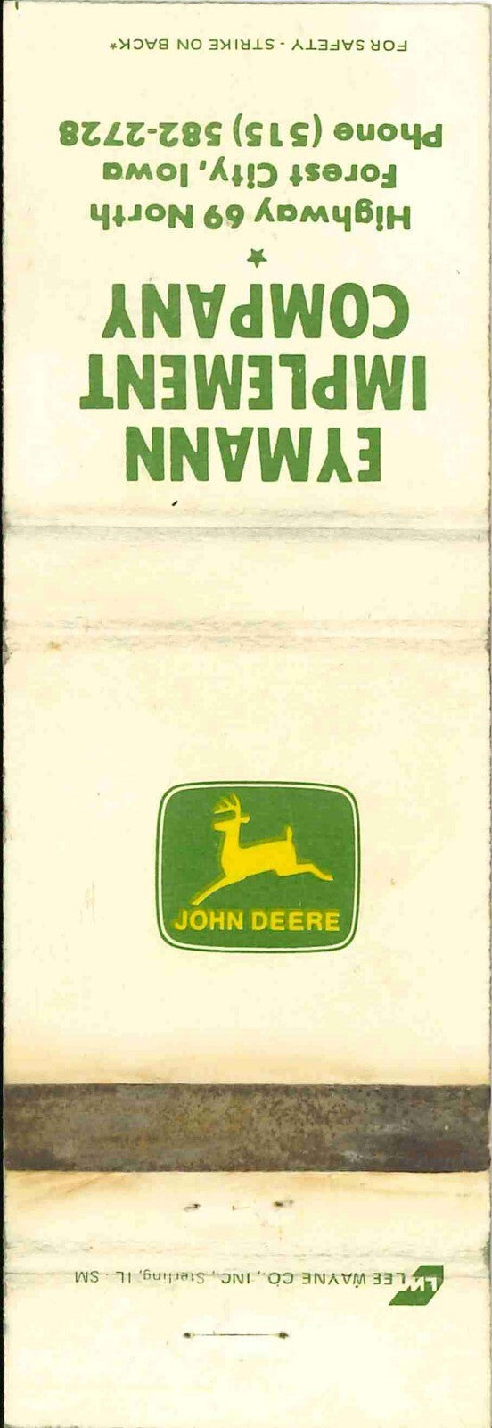 John Deere Matchbook Cover 2 Leg Eymann Implement Co Forest City IA