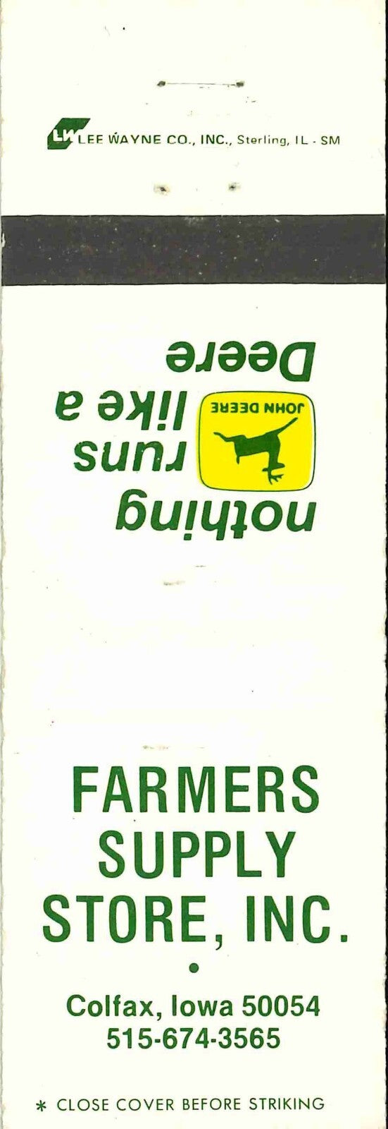 John Deere Matchbook Cover 2 Leg Farmers Supply Store Caolfax IA
