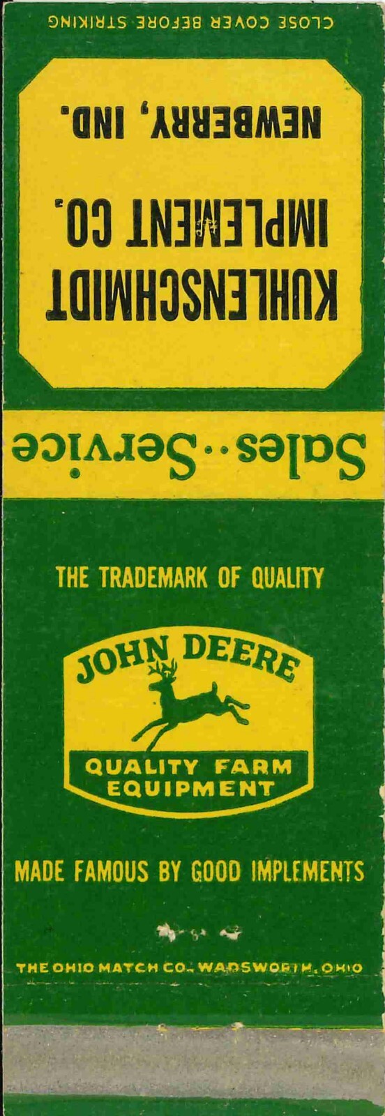 John Deere Matchbook Cover Kuhlenschmidt Imp Co Newberry IND
