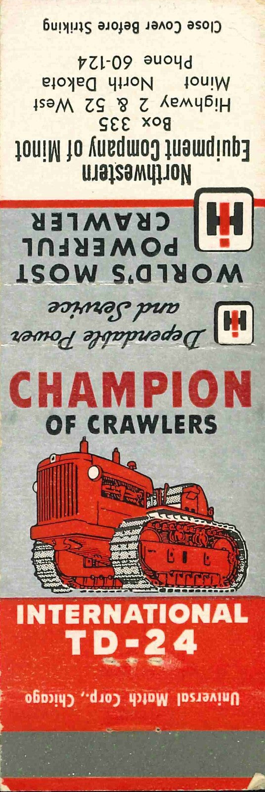 Matchbook Cover International Champion Crawlers Northwestern Minot North Dakota