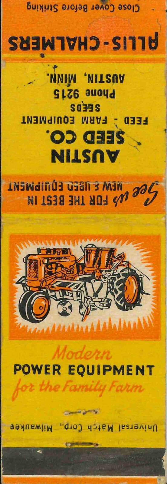 Matchbook Cover Allis Chalmers C Tractor Austin Seed Co Austin Minnesota