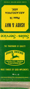 John Deere Matchbook Cover QFE Ashby & May Arkadelphia Arkansas
