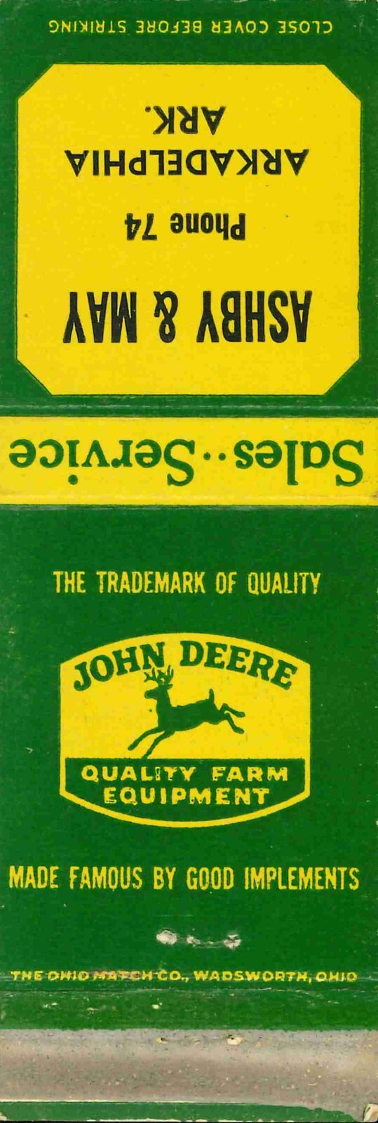 John Deere Matchbook Cover QFE Ashby & May Arkadelphia Arkansas
