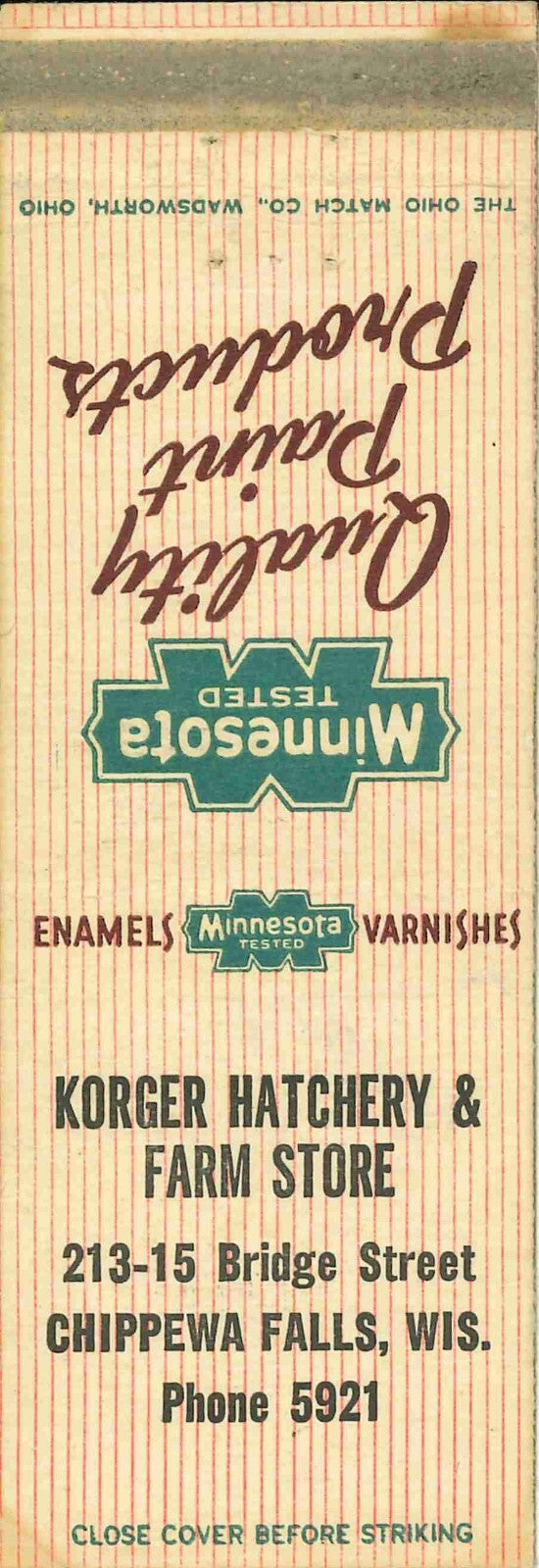 Matchbook Cover Minnesota Paint Kroger Hatchery and Farm Store Chippewa Falls WI