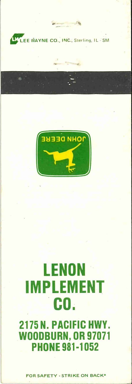John Deere Matchbook Cover 2 Leg Lenon Imp Co Woodburn OR