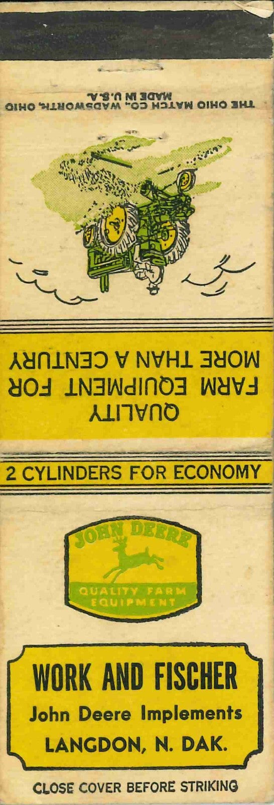 John Deere Matchbook Cover A w/ Mower Work & Fischer Langdon North Dakota