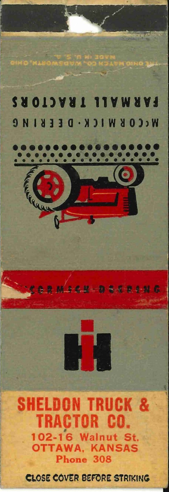 Matchbook Cover Farmall IH Sheldon Tractor Ottawa Kansas