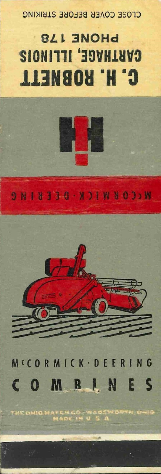 Matchbook Cover International Harvester Combine C H Robnett Carthage Illinois