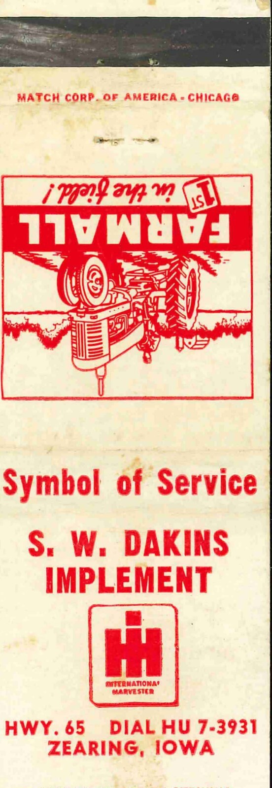 Matchbook Cover Farmall S W Dakins Zearing Iowa